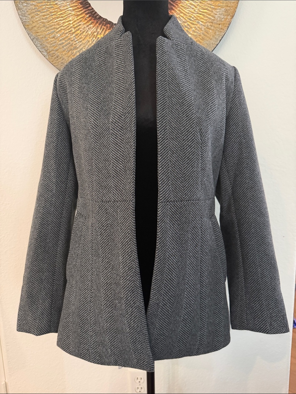 Women's Gray Herringbone Open Front Coat